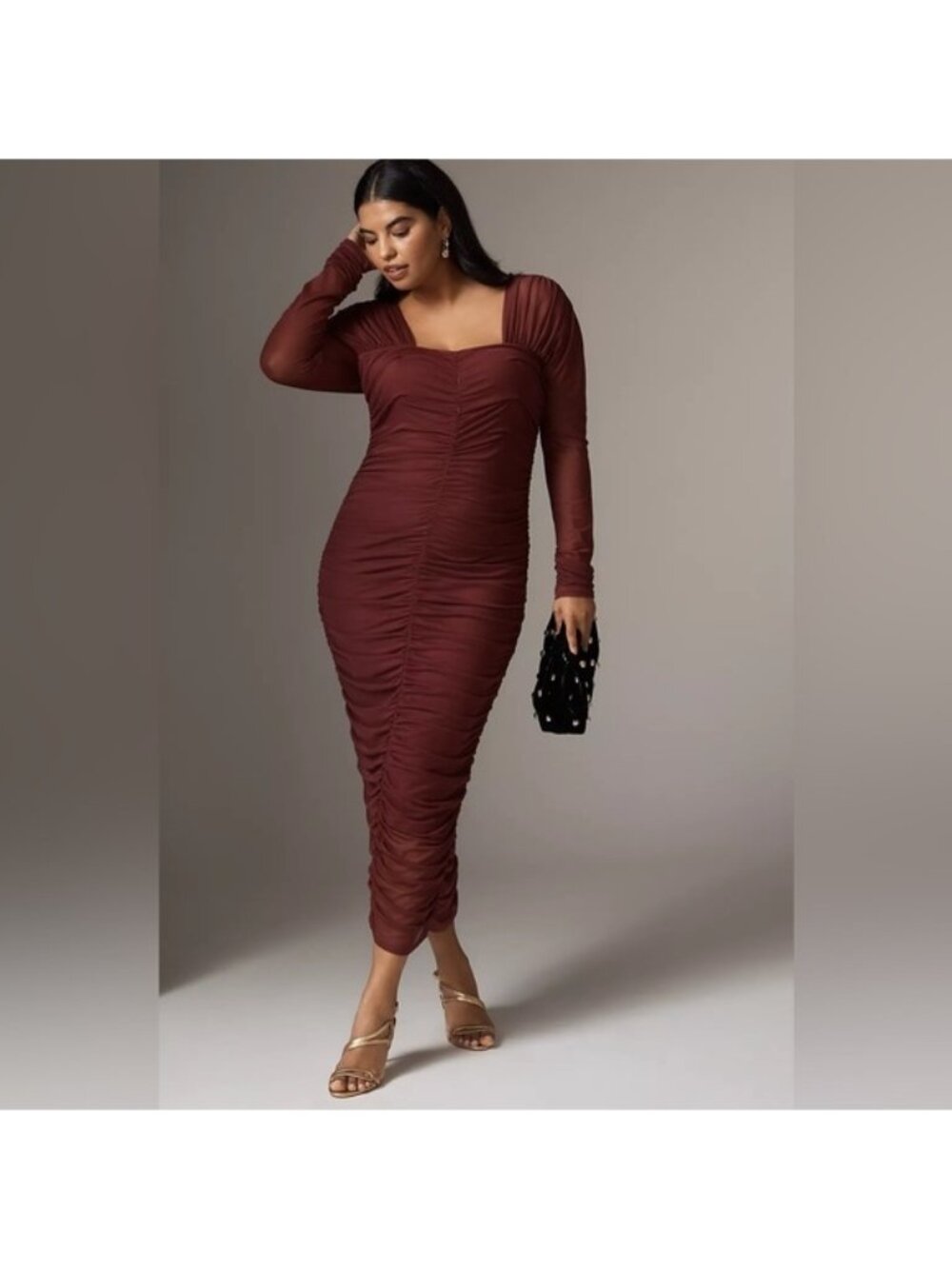 NWT By Anthropologie Women’s 1X Plus Long-Sleeve Ruched Slim Midi Dress